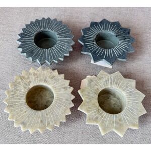 Solara Soapstone Tealight Candle Holders Set of 4 Starburst Grey Natural Stone